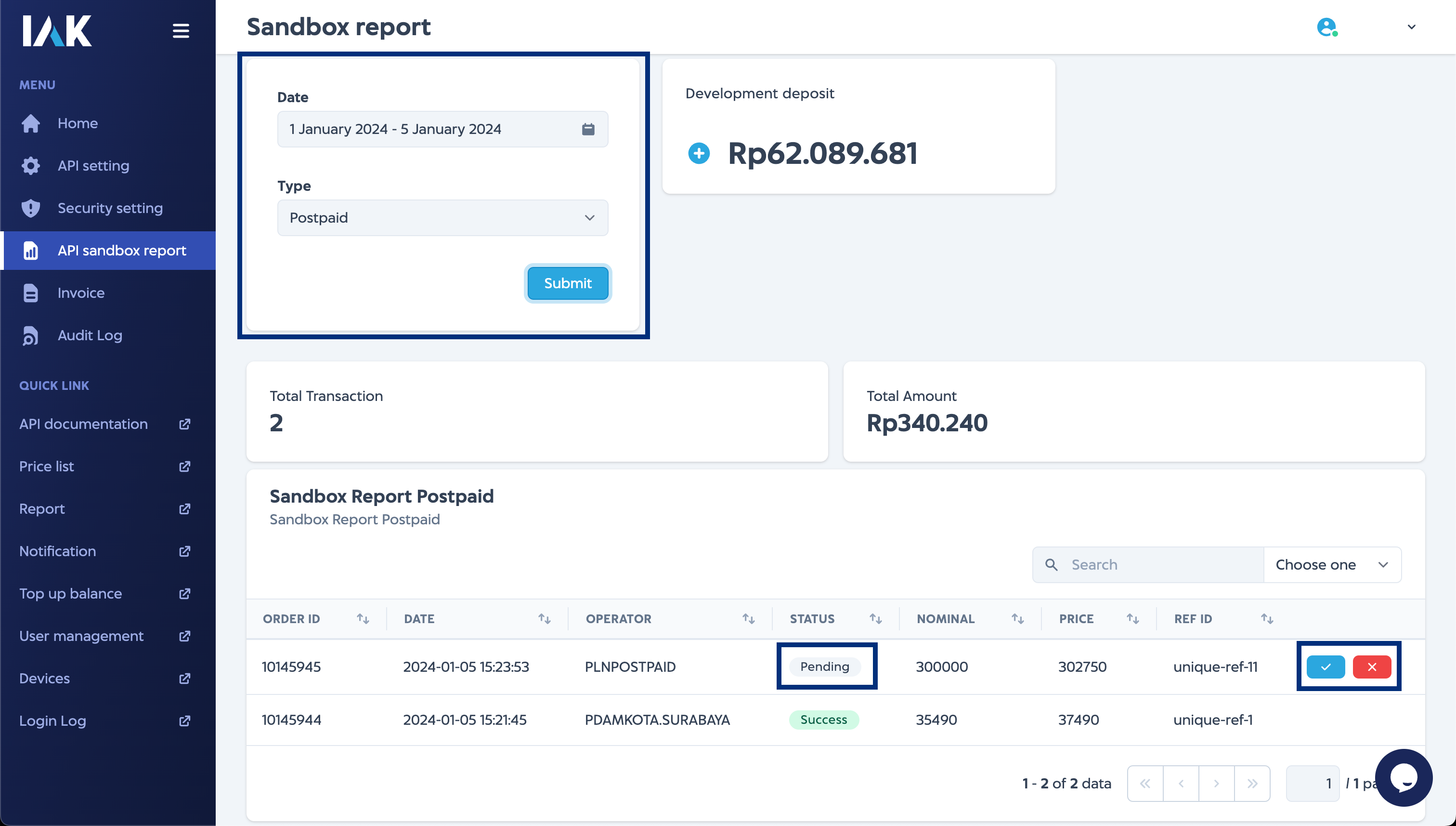 Sandbox Report Postpaid Manual Success