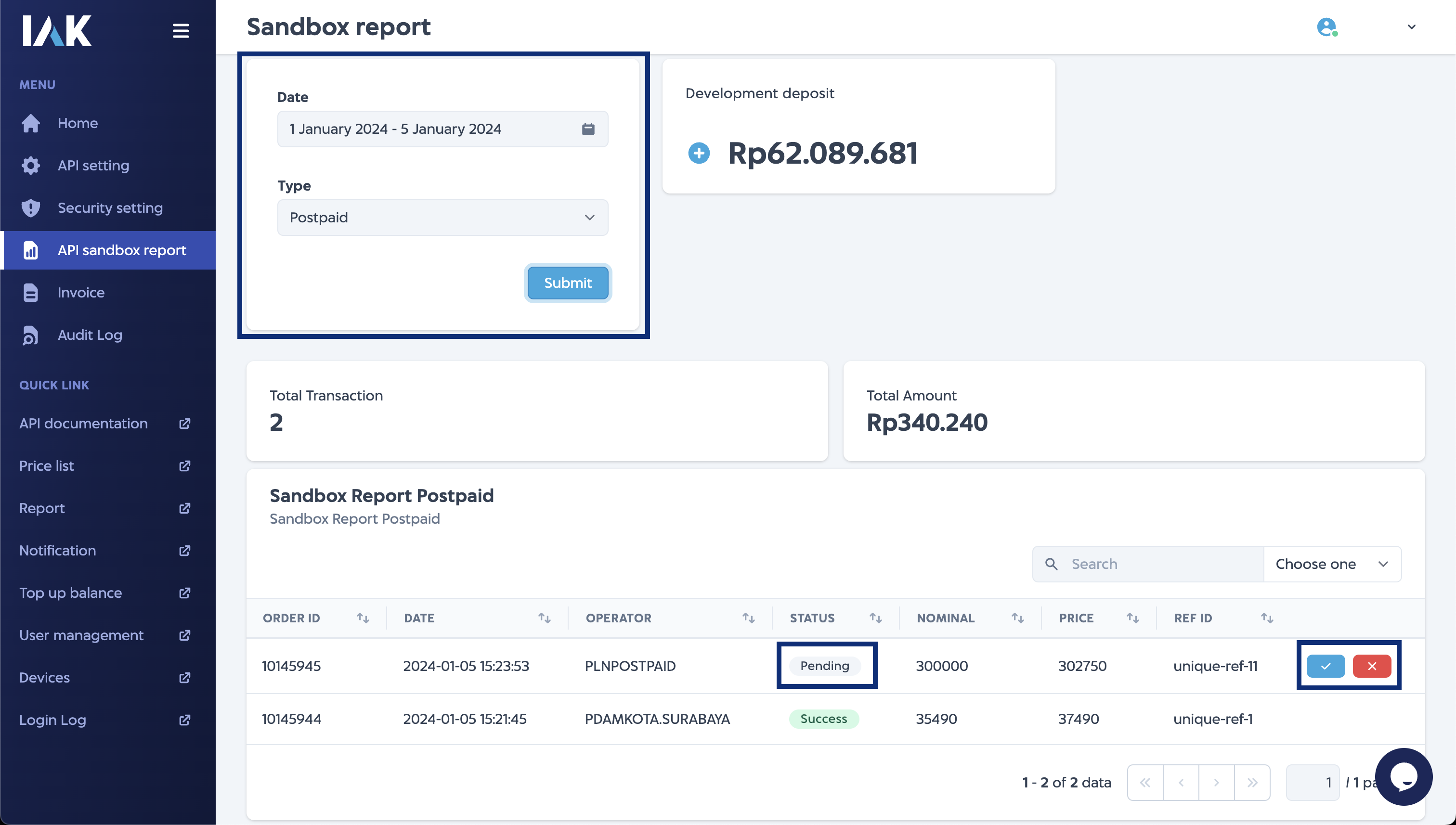 Sandbox Report Postpaid Manual Success